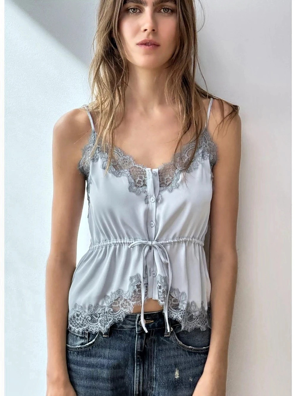 Zara Lace Trim Satin Cami in Blue Like New